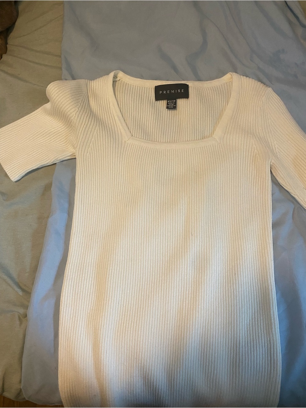 Premise Cream Ribbed Square-Neck Short Sleeve Sweater